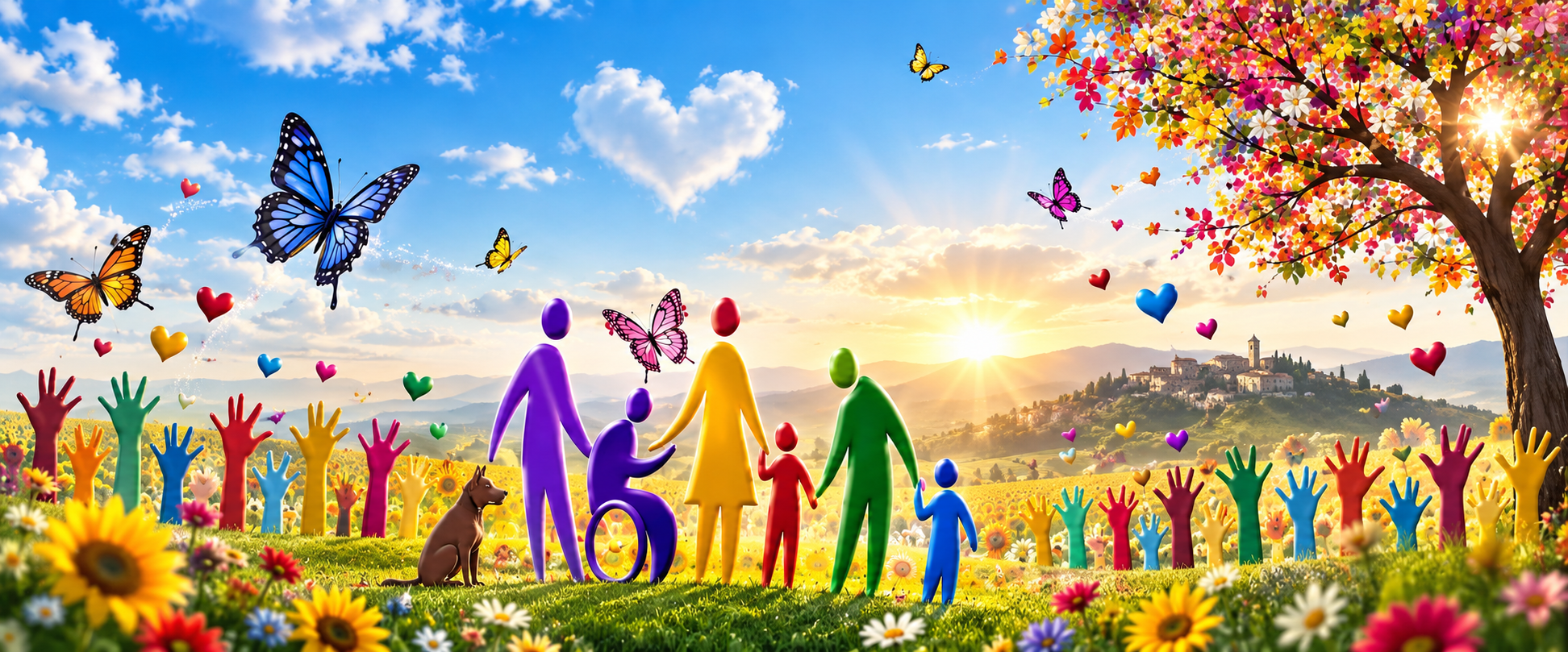Paesaggio colorato dedicato a solidarietà, inclusione e comunità